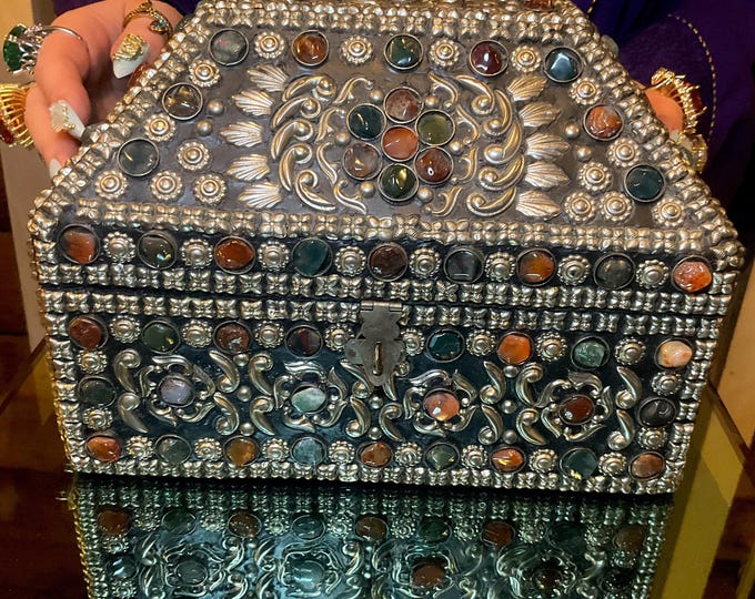Vintage Agate Inlaid Moroccan Jewelry Box ~ Moorish Dome Top w/ Semi Precious Stones ~ 9" Long Handmade in Morocco