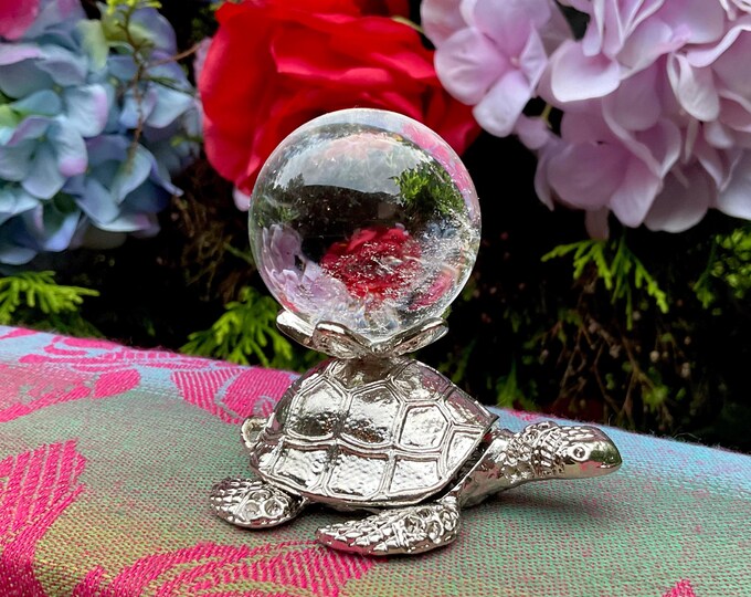 Clear Quartz Crystal Ball ~ 3 oz. Sphere ~ 1 1/2" Wide Sparkling Rainbow Inclusions ~ w Silver Turtle Display Stand ~ Fast & Free Shipping ~