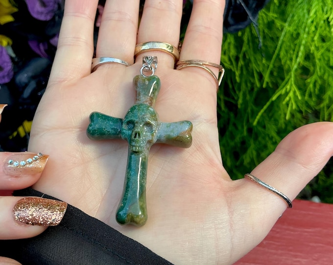 Ocean Agate Skull & Cross Bones Gemstone Crystal Pendant ~ 2 1/2" Long ~ One-of-a-Kind ~ Expertly Hand Carved Sculpture ~ Free Fast Shipping