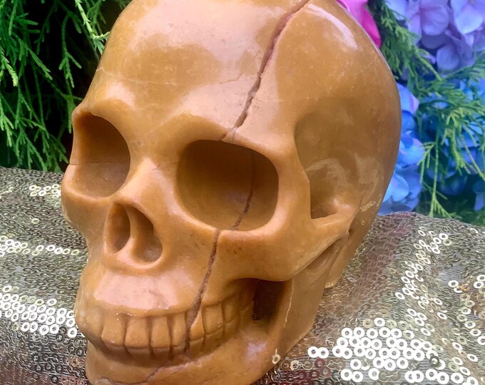 Yellow Jasper Crystal Skull ~ Large 3 Lb. 2 oz. ~ 5" Long ~ Solar Plexus Chakra Reiki Altar Display ~ Metaphysical Home Decor, Meditation