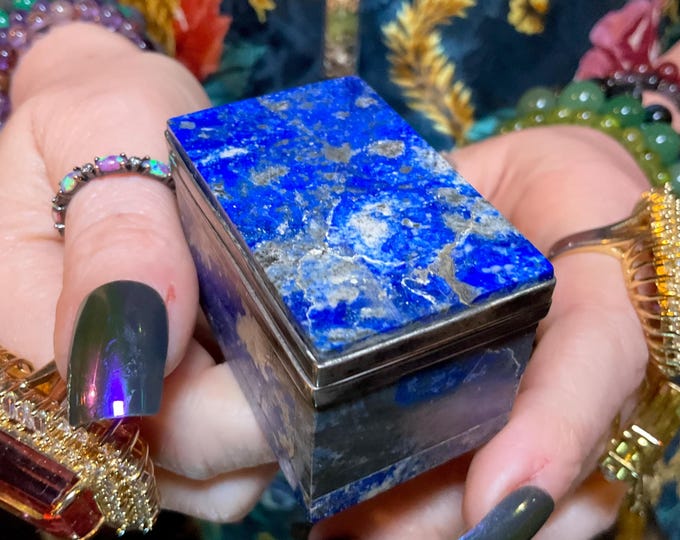 Lapis Lazuli Jewelry Box with Lid ~ 2" Long ~ Handmade from Afghanistan ~ Vintage Antique Display Box ~ Swirling Blue Color with Gold Pyrite