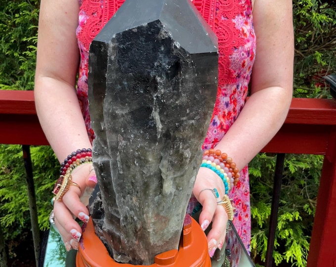 Black Morion Quartz Display Crystal 15 Lb. 5 oz.  Single-Terminated Point Cluster ~12" Tall ~Natural Black Color ~ Custom Hand Carved Stand