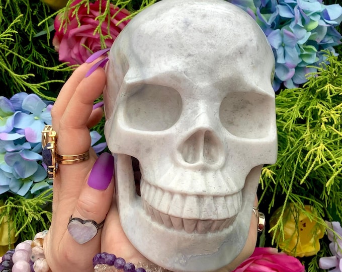 Life Size White Agate Crystal Skull ~ 6 Lb. 8 oz. ~ 6" Long ~ Swirling Blue & White Colors ~ Stunning Metaphysical Home Decor, Altar Display