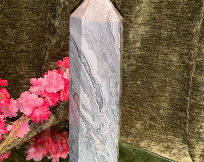 Emperor Gray Jasper Crystal Generator ~ 9 Lb. 14. oz ~ 12" Tall ~ Silver Black White Inclusions