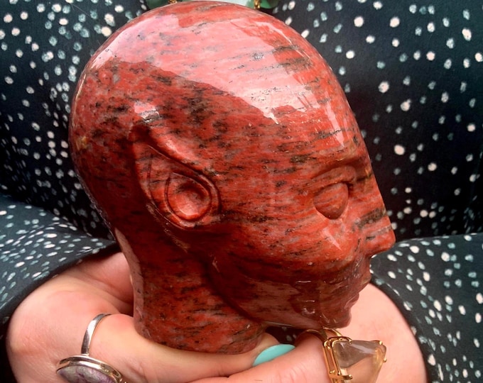 Red Jasper Elf Crystal Skull ~ 2 Lb. ~ 4" Tall ~ Red with Black Tourmaline ~ One-of-a-Kind Expertly Hand Carved Sculpture ~ Free Shipping