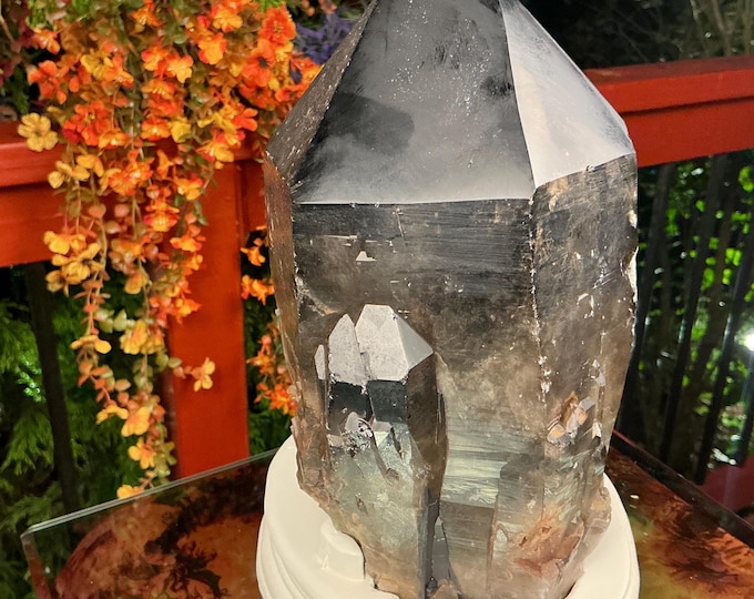Black Morion Quartz Display Crystal 10 Lb. 7 oz.  Single-Terminated Point Cluster ~ 8" Tall ~Natural Black Color ~ Custom Hand Carved Stand