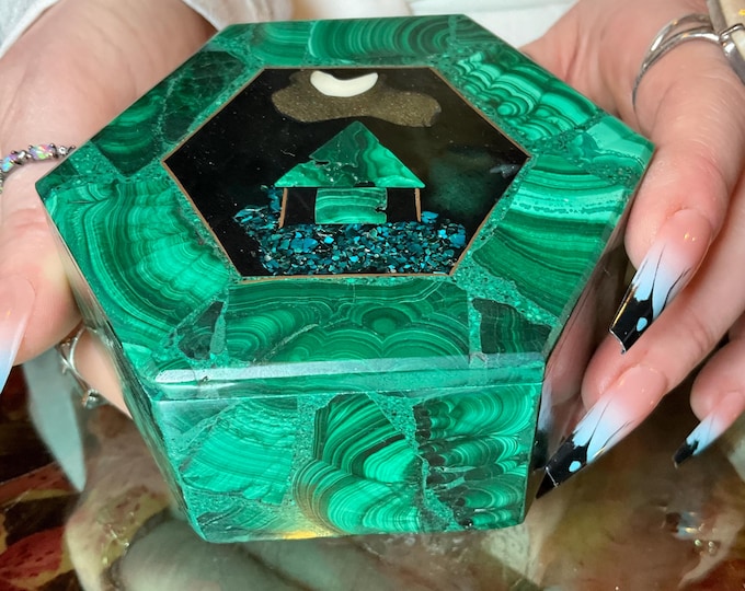 Malachite Jewelry Box with Lid~ 3 1/2" Long ~ Handmade from Congo ~ Vintage Antique Hexagon Display Swirling Green & Black Bullseye Pattern