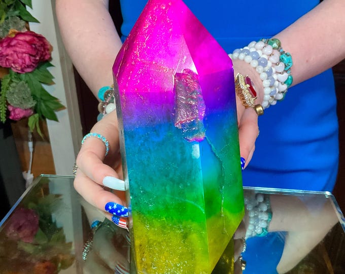 Rainbow Aura Fluorite Crystal Generator ~ Large 7 Lb. 8 oz. ~ 8" Tall Tower ~ Swirling Purple Green & Yellow Colors
