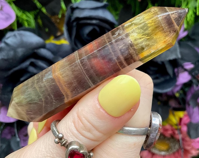 CLEARANCE ~ Rainbow Fluorite Double Terminated Wand ~ Large 1.6 oz. ~ 3 1/2" Long ~ Yellow, Gold, Purple