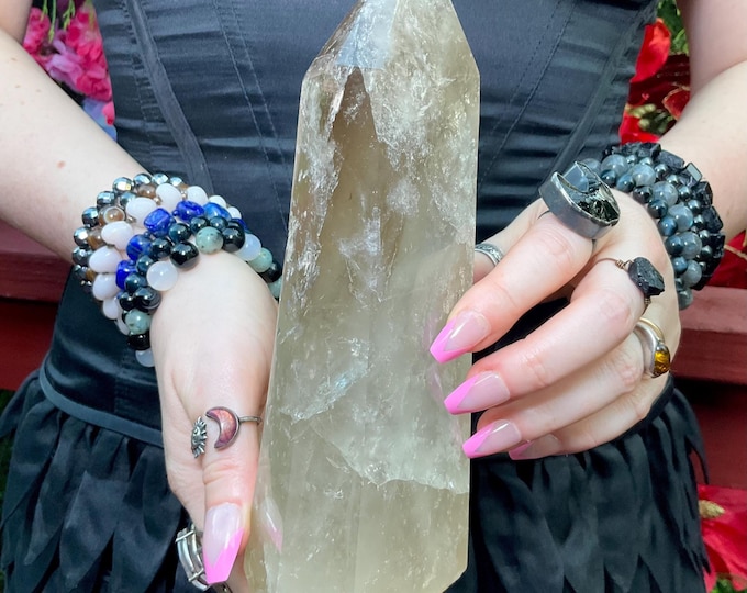 Clear Quartz Crystal Generator ~ Large 2 Lb. 6 oz. ~ 8" Tall ~ Smokey Phantom Sparkling Inclusions ~ Home Decor, Feng Shui, Altar Display