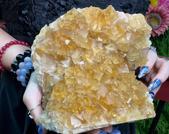 Yellow Calcite Cluster ~ 5 Lb. 13 oz. ~ 6" Tall ~ Amazing Deep Golden Translucent Crystals ~ Sacred Geometry Cubic Formation ~ Gem Quality
