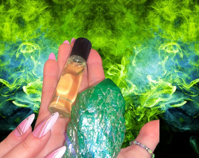 Green Aura Mischief Perfume Oil and Crystal ~ Crystal Goddess 888 Exclusive Multisensory Set ~ Combining Poetry, Scent and Crystals