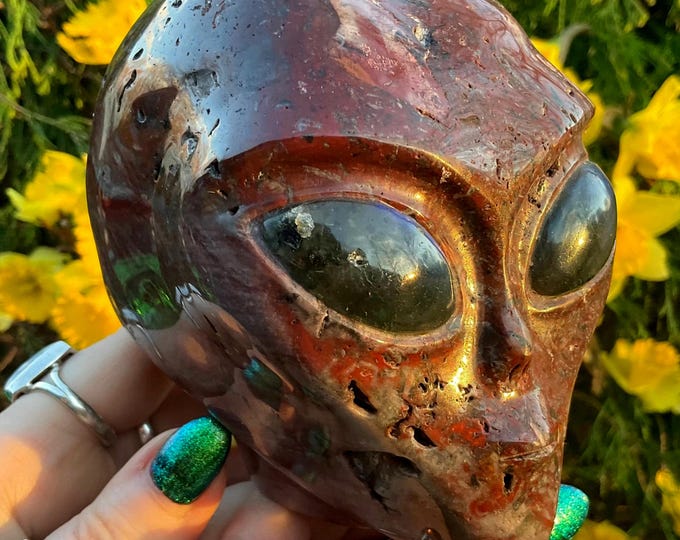 Red Ocean Jasper Crystal Alien Skull ~ Large 2 Lb. 11 oz. ~ 4" Long ~ w Labradorite Eyes ~ One-of-a-Kind Colors ~ Hand Crafted Sculpture