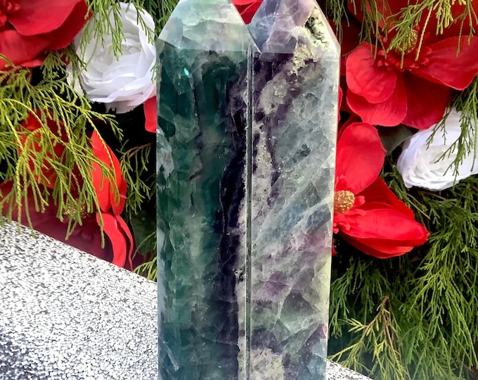 Rainbow Fluorite Twin Flame Crystal Generator ~ Large 3 lb. 3 oz. ~ 9" Tall Double Point Tower ~ Purple, Blue & Green Colors