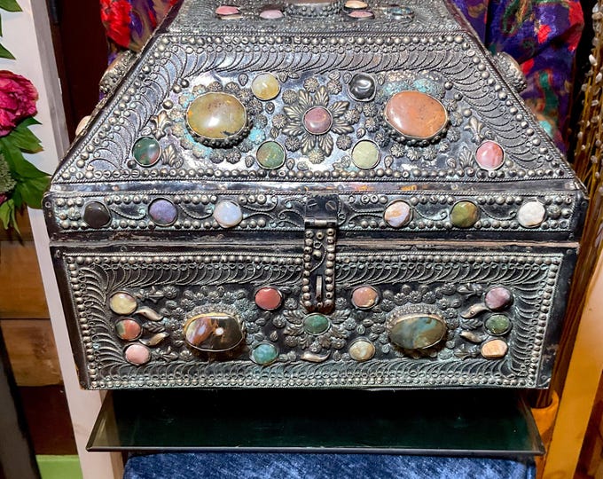 Vintage Agate Inlaid Moroccan Jewelry Box ~ 12" Long ~ Moorish Dome Top w/ Semi Precious Stones ~ Handmade in Morocco
