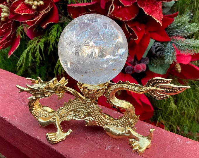 Clear Quartz Crystal Ball w/ Golden Dragon Display Stand ~ 10 oz. Sphere ~ 2" Wide ~ Reiki, Altar, Feng Shui Decor ~ Fast & Free Shipping