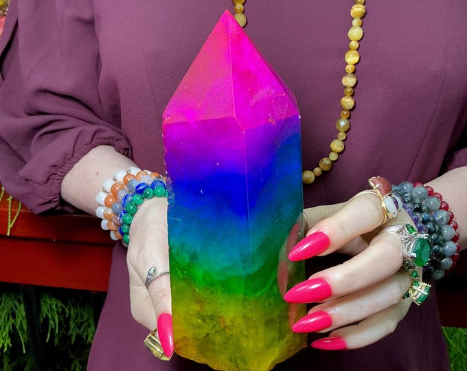 Rainbow Aura Fluorite Crystal Generator ~ 4 lb. 6 oz.~ 7 1/2" Tall Tower ~ Colorful Pink Blue Green Yellow Color ~ Fast Free Shipping U.S.A.