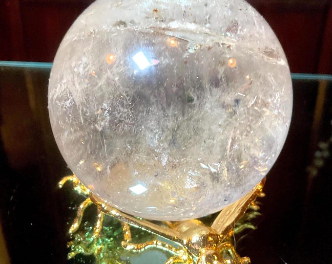 Clear Quartz Crystal Ball w/ Bumble Bee Display Stand ~ 13 oz. ~ 2" Wide ~ Stunning Rainbow Inclusions, Silver Flashes