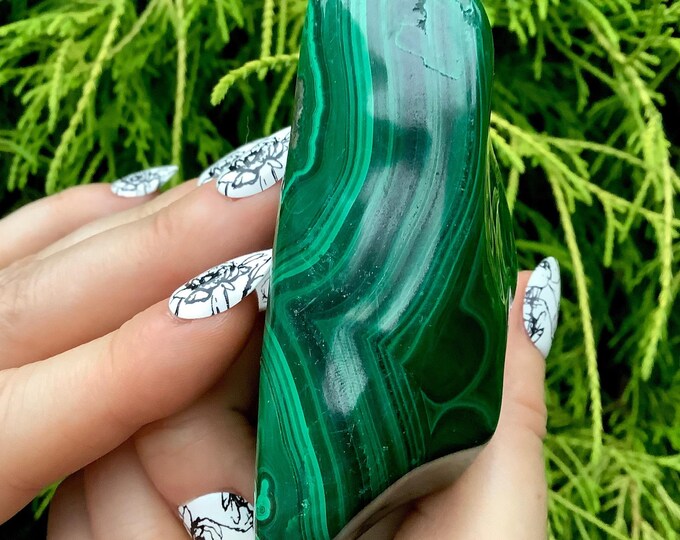 Malachite Freeform Crystal ~ Large 8.7 oz. ~ 3" Long ~ Beautiful Polished Mineral Specimen ~ Swirling Bullseye Patterns ~ Fast Free Shipping