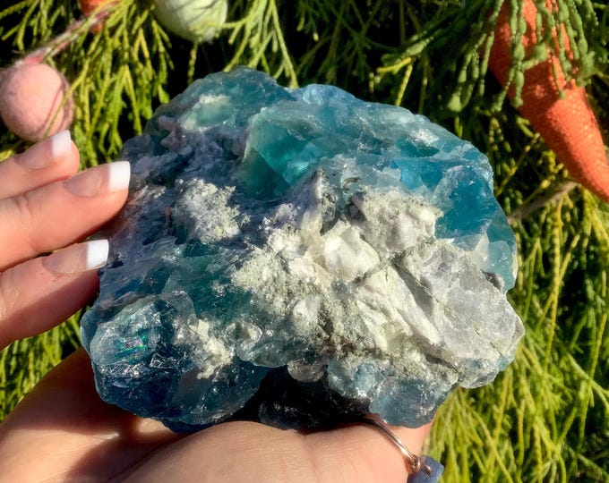Blue Fluorite Crystal Cluster ~ Large 1 lb. 13 oz. ~ 4" Long ~ Ocean Blue & Clear Translucent Crystals ~ Sparkling Formation ~ Fast Shipping