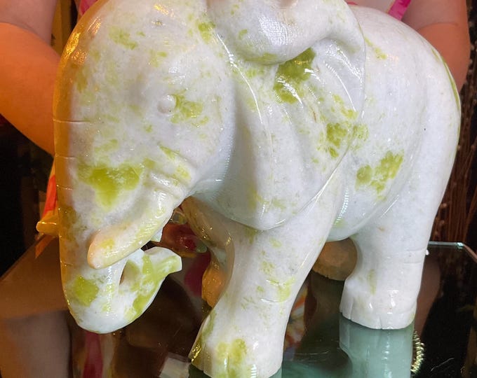 Tremolite Jade Elephant ~ Large 12 Lb. 3 oz. ~ 9" Long ~ Expertly Hand Carved Animal Totem Display Specimen ~ Sparkling Yellow Green Colors
