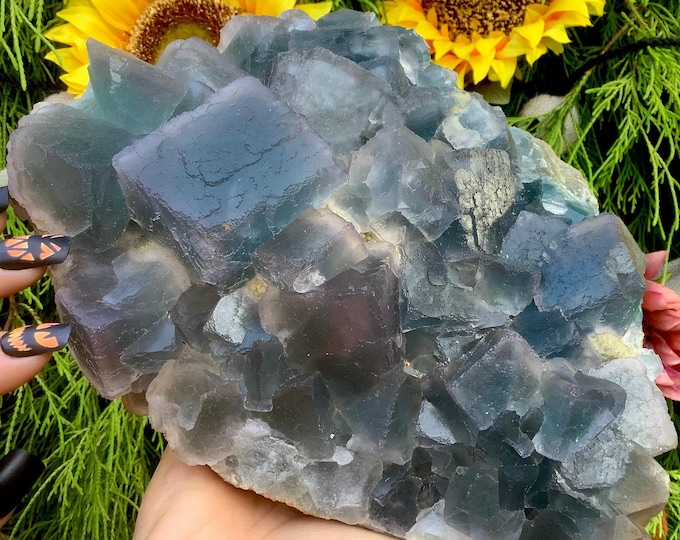 Blue Fluorite Crystal Cluster ~ Large 5 lb. 2 oz. ~ 8" Long ~ Sparkling Cubic Specimen ~ Amazing Ocean Blue Color