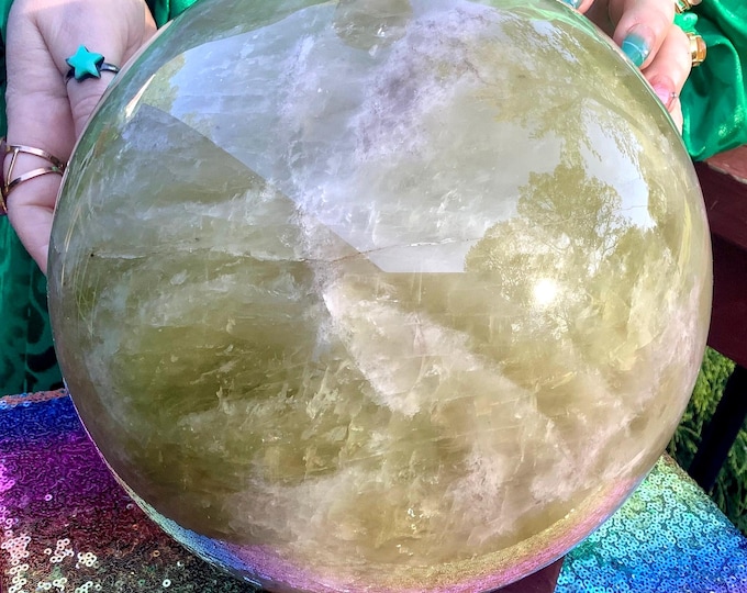 Citrine Crystal Ball ~ Large 26 lb. ~ with Custom Wooden Display Stand ~ 8" Wide ~ Golden Banded Quartz Inclusions ~ Fast & Free Shipping