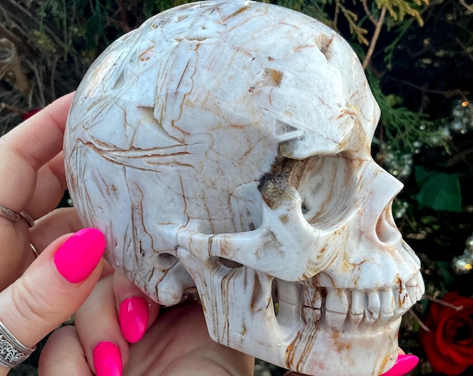 White Agate Crystal Skull ~ 2 Lb. 12 oz. ~ 5" Long ~ Swirling Sparkling White & Brown Colors ~ Expertly Hand-Carved ~ Fast and Free Shipping