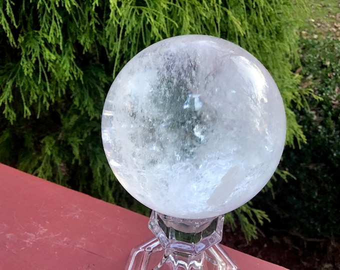 Clear Quartz Crystal Ball ~ Large 1 Lb. 6 oz. ~ 3" Wide Polished Sphere ~~ Beautiful Reiki, Altar, Feng Shui, Meditation Room Display