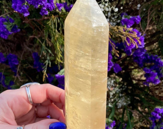 CLEARANCE ~ Yellow Calcite Crystal Generator ~ 10 oz.~ 5" Tall Tower~ Golden Honey Sparkling & Silver Inclusions ~ Reiki Altar