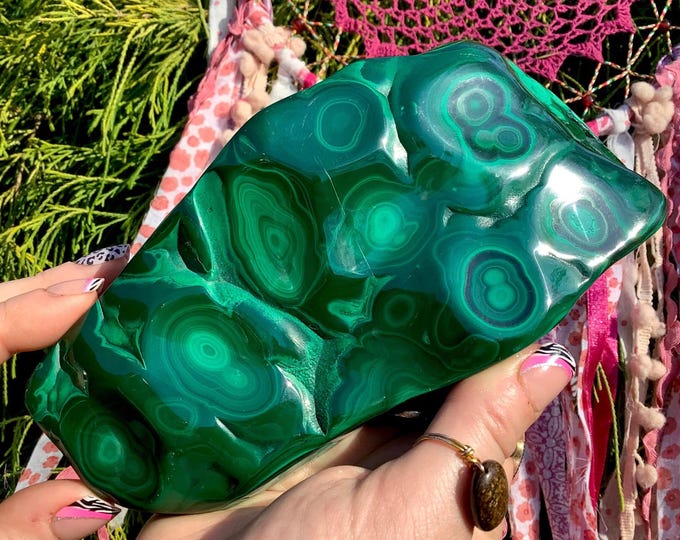 Malachite Freeform Crystal ~ Large 1 Lb. 6 oz. ~ Swirling Bullseye Patterns ~ 6 1/2" Long ~ Beautiful Polished Green Mineral Specimen, Congo