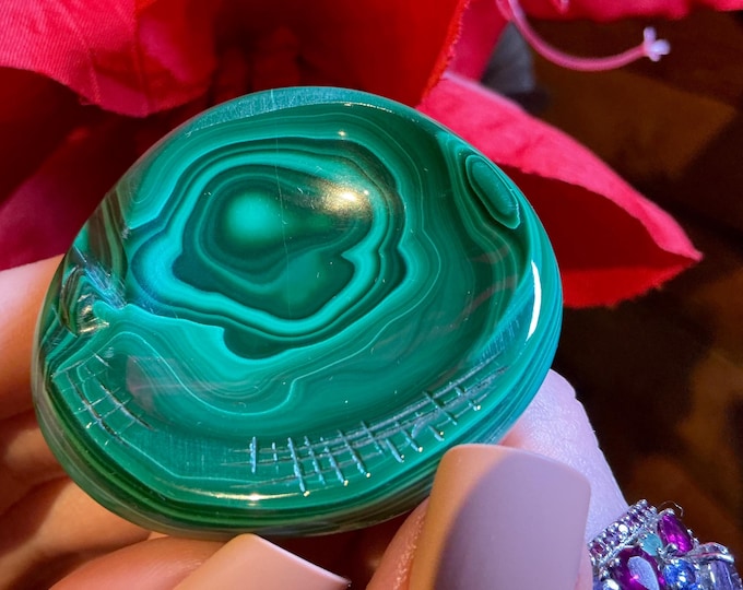 Malachite Crystal 2 oz. Bowl ~ 2" Long ~ Vintage Swirling Bulls Eye Patterns