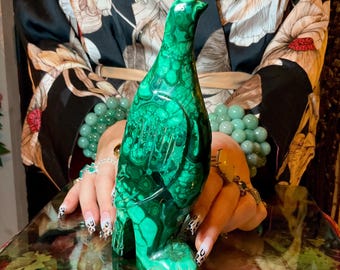 Malachite Bird Crystal Carving ~ 2 Lb. 10 oz. ~ 7 1/2" Long ~Vintage Hand Carved & Polished in Congo ~ Animal Totem, Altar, Reiki Display