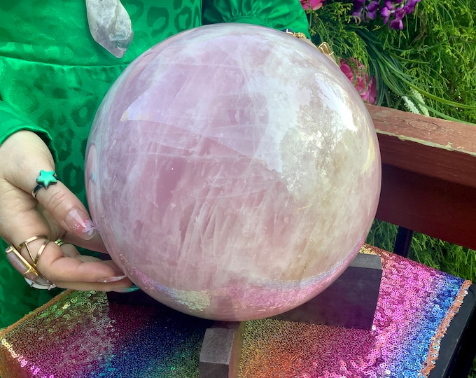 Rose Quartz Crystal Ball ~ Large 29 lb. ~ 8" Wide Sparkling Pink Sphere ~ Custom Wooden Display Stand ~ TARIFF FREE ~ Ships from U.S.A. ~