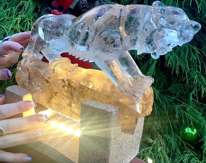 Clear Quartz Tiger Crystal Carving ~ Large 8 lb. 4 oz. ~ 10" Long ~ w/ Custom Handmade Wooden Lighted Display Stand ~ Nightlight, Home Decor