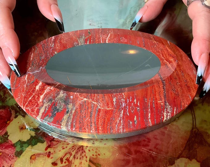 Red Jasper Polished Stone Dish Large 1 Lb. 2 oz. Bowl - 6" Long ~ Beautiful Vintage Red & Gray Mineral Specimen - Hand Carved Charging Bowl