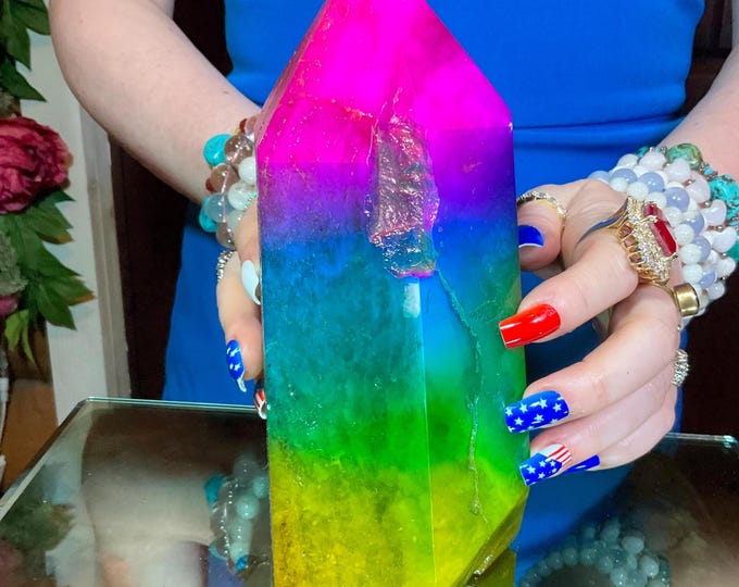 Rainbow Aura Fluorite Crystal Generator ~ Large 6 Lb. 9 oz. ~ 8" Tall Tower ~ Swirling Purple Green & Yellow Colors ~ Fast, Free Shipping