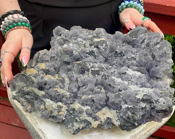 Purple Fluorite Crystal Cluster ~ Large 22 lb. ~ 12" Long ~ Green and Blue Colors ~ Natural Matrix Formation ~ Fast & Free Shipping, U.S.A.