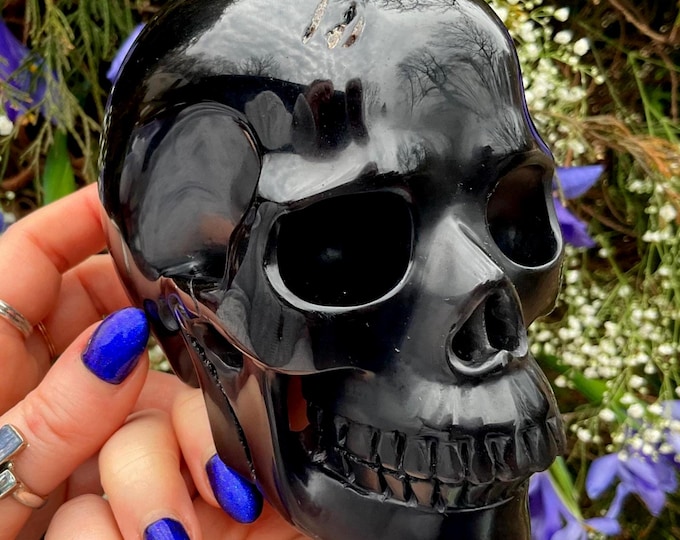 Black Obsidian Crystal Skull ~ Large 2 Lb. 6 oz. ~ 5" Long ~ High Quality ~ Expertly Hand Carved ~ Sparkling Jet-black Sculpture