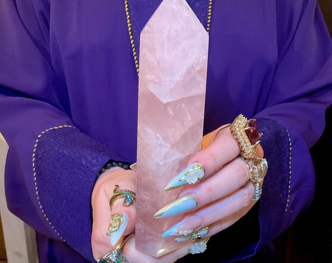 Rose Quartz Crystal Large 1 lb. 3 oz. Generator ~ 7" Tall Tower ~ Swirling Pink & White Colors