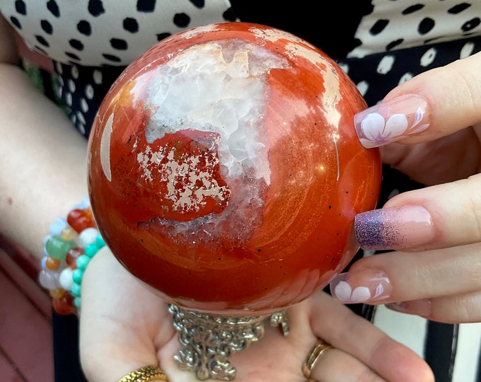 Red Jasper Crystal Ball ~ w/ Ornate Decorative Display Stand ~ Large 2 Lb. Ball ~ 3 1/2" Wide ~ Fast & Free Shipping, USA + Global Shipping