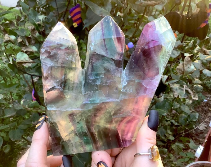 Rainbow Fluorite Crystal Triple Point Generator ~ Large 1 lb. 8 oz. ~ 5" Tall ~ Swirling Colors~ Free Shipping
