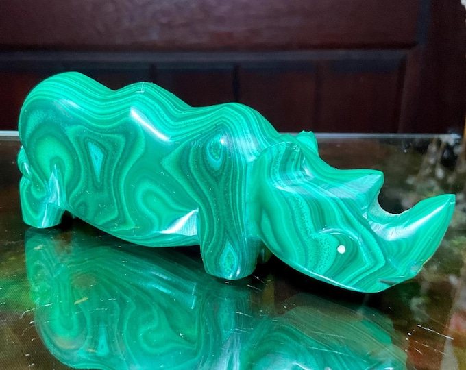 Malachite Crystal Rhinoceros Carving ~ 8 oz. ~ 4 1/2" Long ~ Hand Carved from Africa Congo ~ Bullseye Patterns ~ Spirit Animal Totem