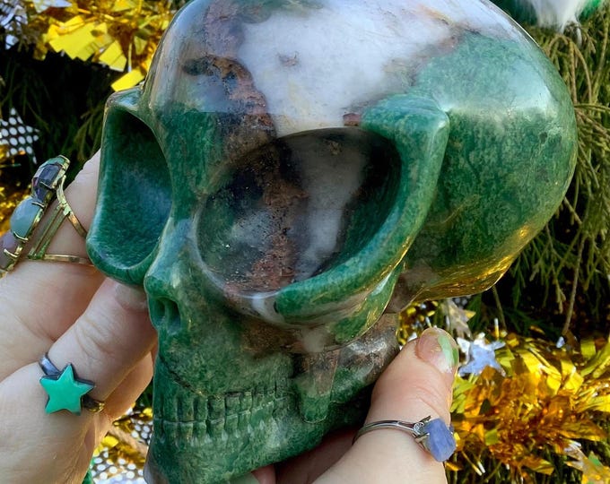 Green Aventurine Crystal Alien Skull ~ Large 3 Lb. 6 oz. ~ 5" Long ~ Green & White ~ One-of-a-Kind ~ Expertly Hand Carved Sculpture