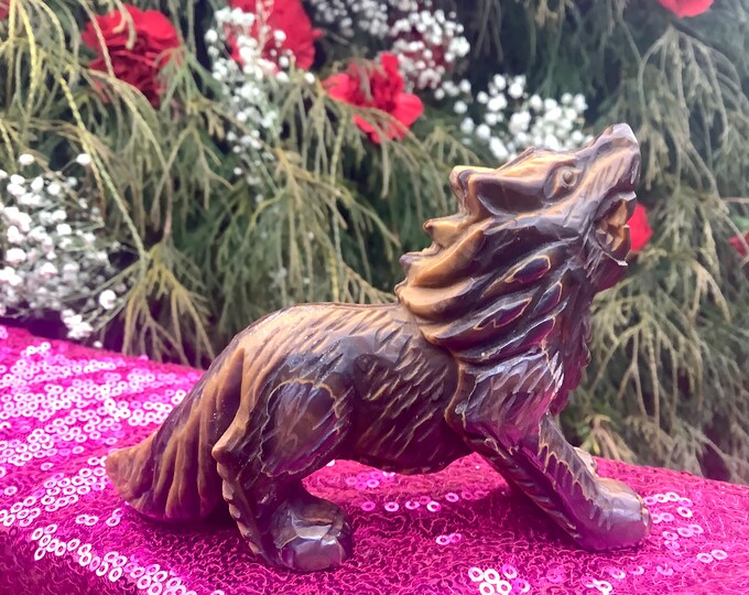 Tigers Eye Howling Wolf Crystal Carving ~ 6 oz. ~ 4 1/2" Long ~ Hand Carved ~ Gorgeous Polished Golden Red-Brown Black ~ Fast Shipping