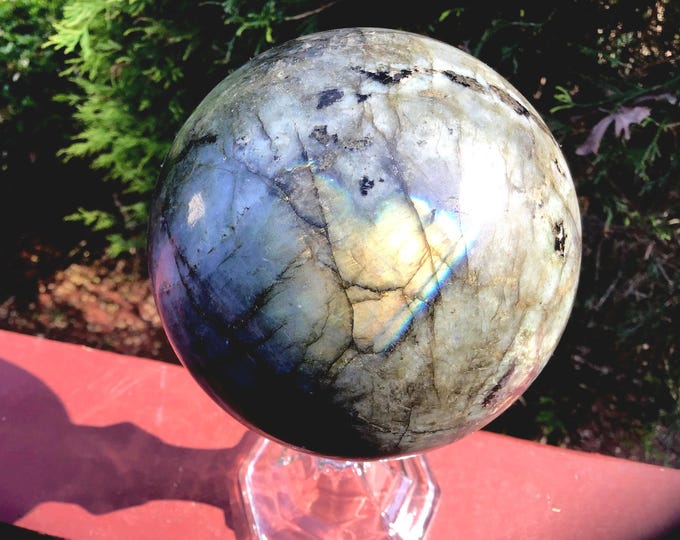 Labradorite Crystal Ball ~ Large 3 Lb. 10 oz. ~ 4" Wide Sphere ~ Flashing Blue & Gold Iridescent Mineral ~ Beautiful Reiki Feng Shui Display