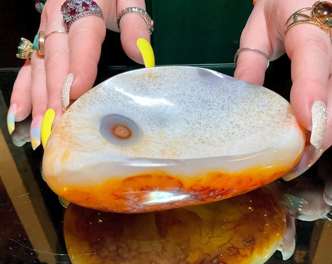 Carnelian Agate Crystal Bowl ~ Large 15 oz. ~ 4 1/2" Wide ~ Natural Polished Mineral Gemstone Jewelry Dish ~ Altar Display