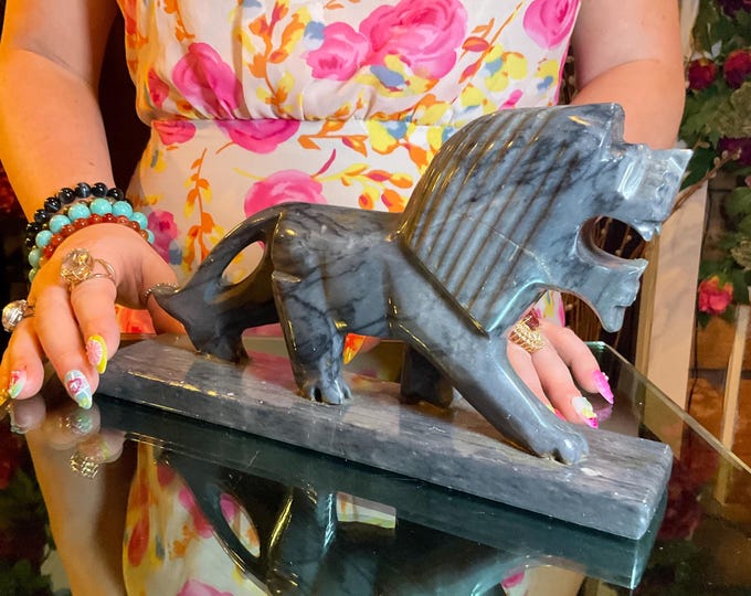 Vintage Gray Onyx African Lion 3 Lb. 6 oz. ~ 10" Long ~ Hand Carved Museum Quality ~ Swirling Gray Colors ~ Animal Spirit Totem
