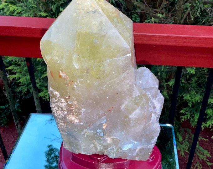 Clear Citrine Quartz Crystal Point ~ 13 Lb.  10 oz. ~ 11" Tall~ Sparkling Yellow with Golden Rainbow Inclusions ~ Custom Hand Carved Stand