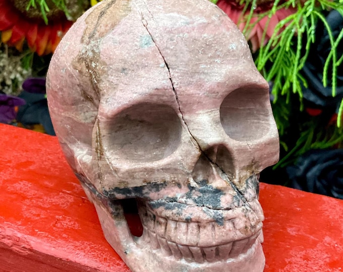 Rhodonite Crystal Skull ~ 3 Lb. 5 oz. ~ 5" Long ~ Expertly Hand Carved Sculpture ~ Sparkling Pink, Black Colors ~ Fast & Free Shipping, USA